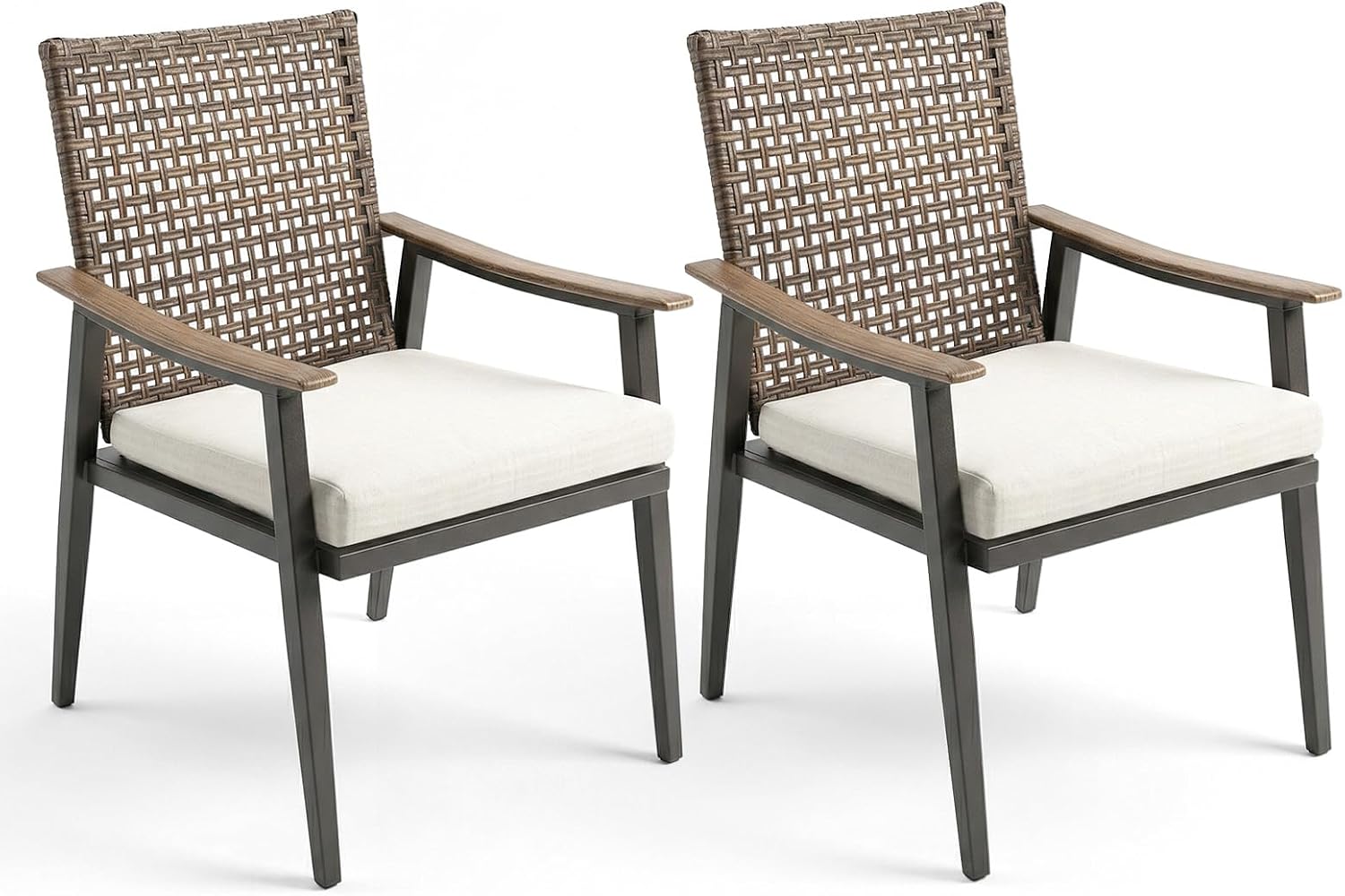 Natural Expressions Gartenstühle 2er Set, Outdoor Rattansessel, Wetterfest Terrassenstühle Essstühle Mit Kissen & Armlehne & E-beschichtung Metall Für Hinterhof Balkon Terrasse, Beige