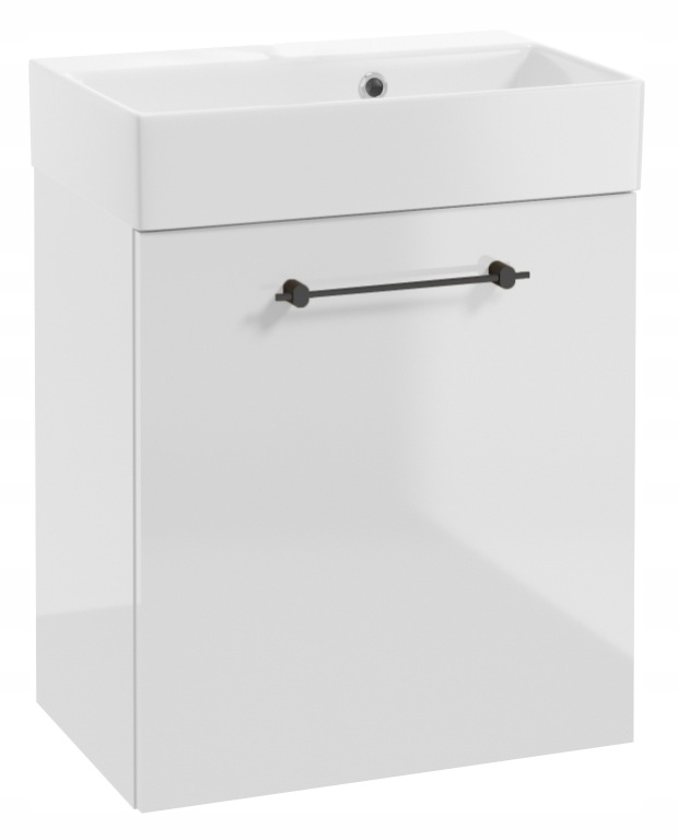 Wandhängender Badezimmerschrank Mit Waschbecken 60x50cm. Weiß Glänzend, Schwarzer Elara-griff.