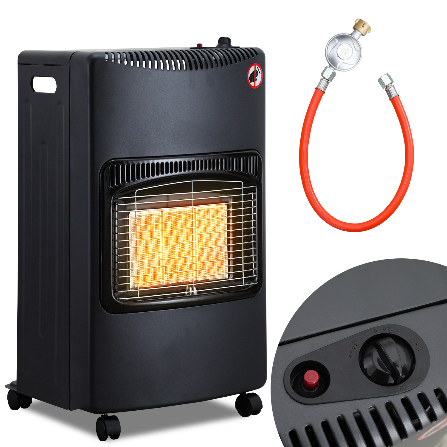 Randaco Gasheizer 4200w Keramik, 3 Heizstufen, Ods & Kippschutz, Inkl. Druckregler Und Schlauch, 5 Rollen, Inkl. 2 Eu-adaptern