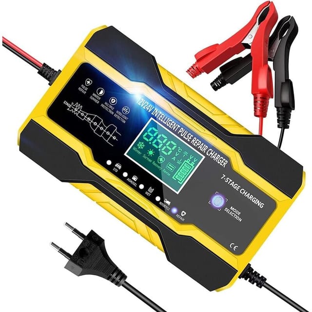 Chargeur De Batterie Pour Voiture Auto Moto 10a 12v/24v Chargeur Intelligent Avec Compensation De Température Avec Lcd Écran Tactile Et 5 Modes Fonction De Réparation Automatique Jaune