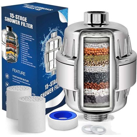 Filtre Douche Anti Calcaire À 15 Étapes Avec Vitamine C - Filtre De Douche Haut Débit - 2 Cartouches Incluses - Filtre De Douchette