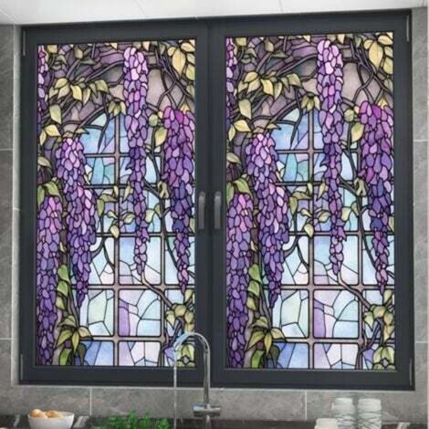 (45x200cm)film De Fenêtre À Motif Floral Pour Vitrail - Blocage Uv - Isolation Thermique - Motif Violet - Pour Décoration De Fenêtre -