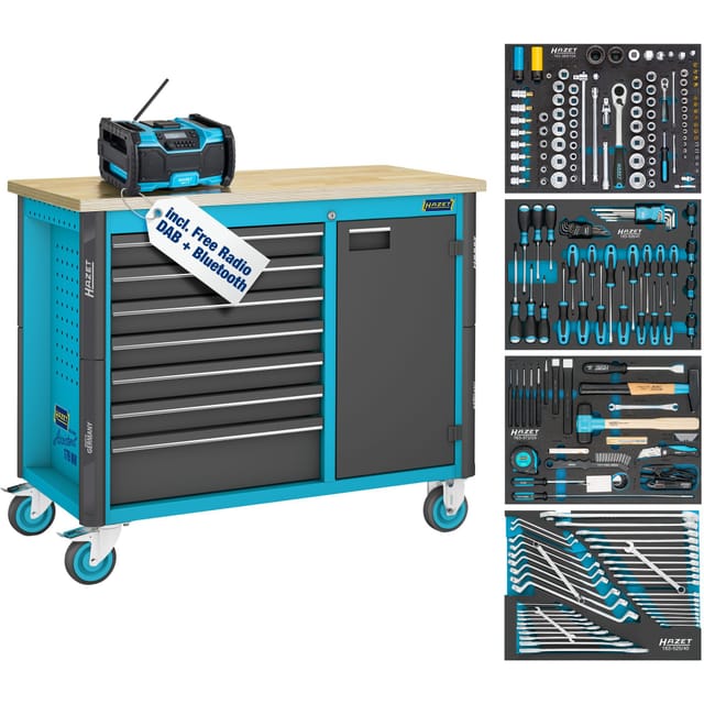 HAZET Werkbank, fahrbar Assistent 179NW, Sortiment 179NW-7/210, 210-teilig, Schubladen, flach: 6 x 81 x 522 x 398 mm, Schubladen, hoch: 1 x 166 x 522 x 398 mm