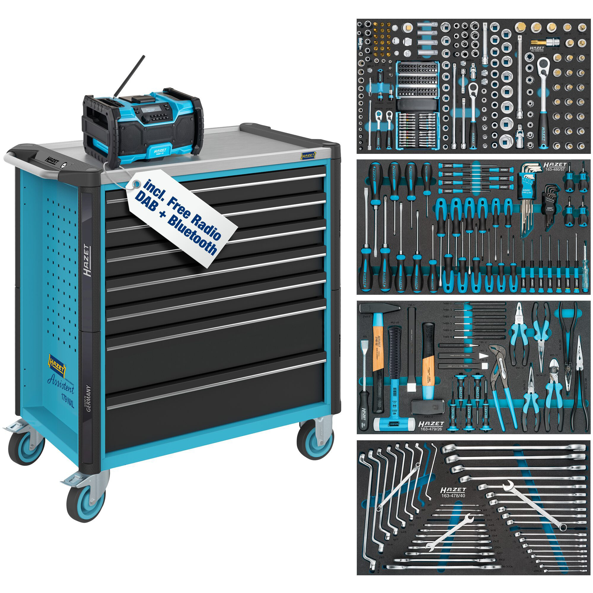 HAZET Werkstattwagen Assistent 179NXL, Sortiment 179NXL-7/382, 382-teilig, Schubladen, flach: 5× 81 x 696 x 398 mm, Schubladen, hoch: 2× 166 x 696 x 398 mm