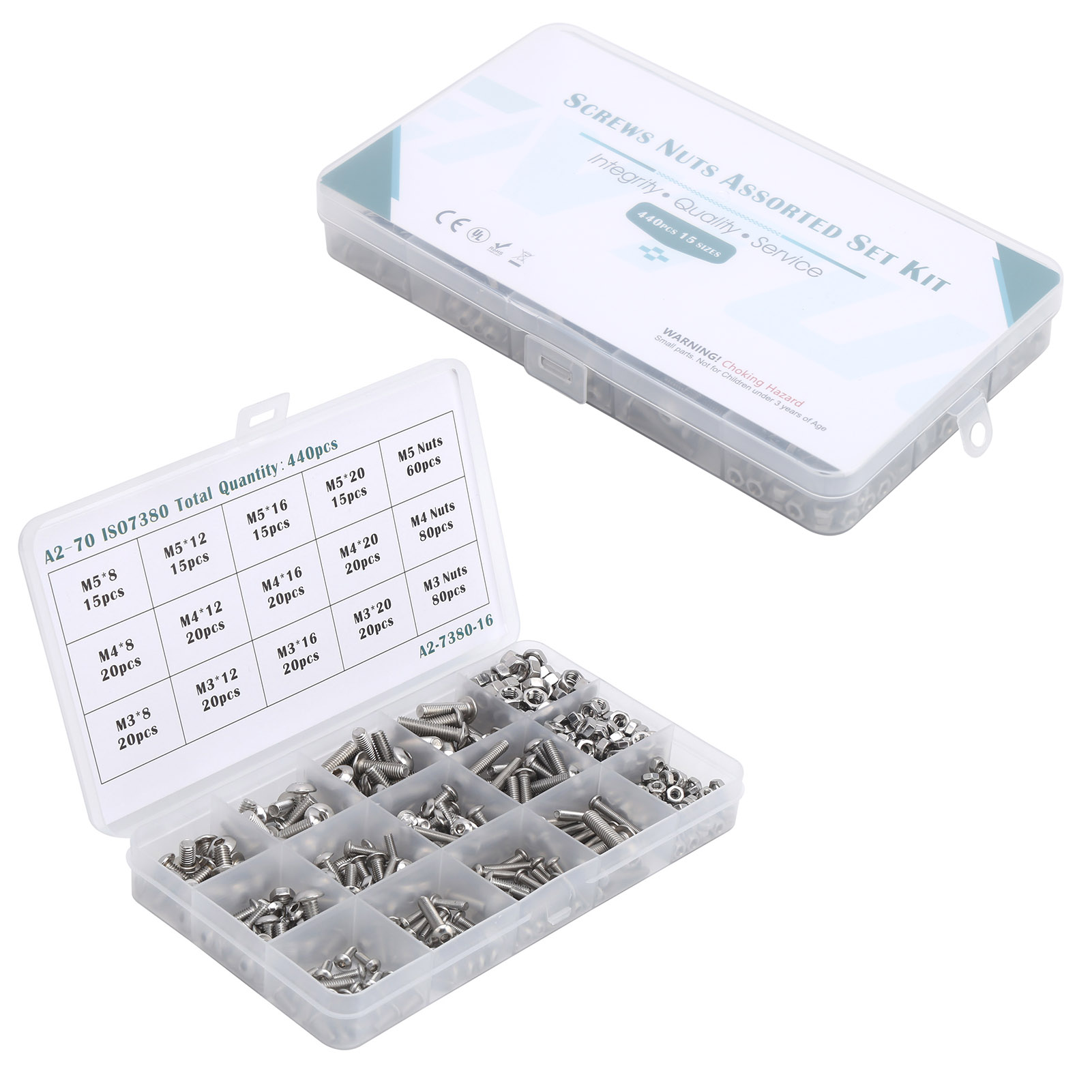 Assortiment De 440 Vis À Six Pans Creux M3/m4/m5 Avec Écrous, En Acier Inoxydable.