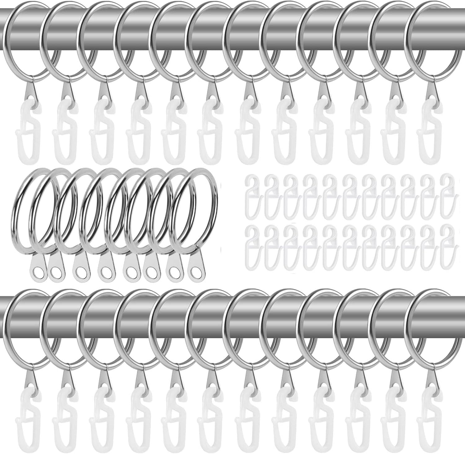 45 Vorhangringe, Aufhängeringe Und 45 Vorhanghaken, Duschvorhangringe Aus Metall, Geeignet Für Fenster, Türen Und Duschvorhänge, 30 Mm Innendurchmesser