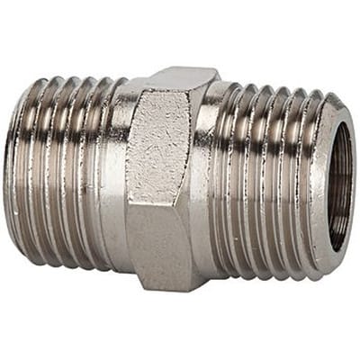 Riegler Doppelgewindenippel, R 3/8 a., R 3/8 a., SW 17, Messing vern.