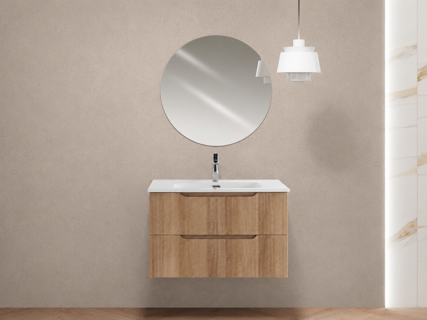 80 Cm Breiter Badezimmerschrank Mit 2 Schubladen, Farbe Riviera-eiche, Mit Waschbecken Und Rundem Spiegel Feridras Kannè 900290 Eiche