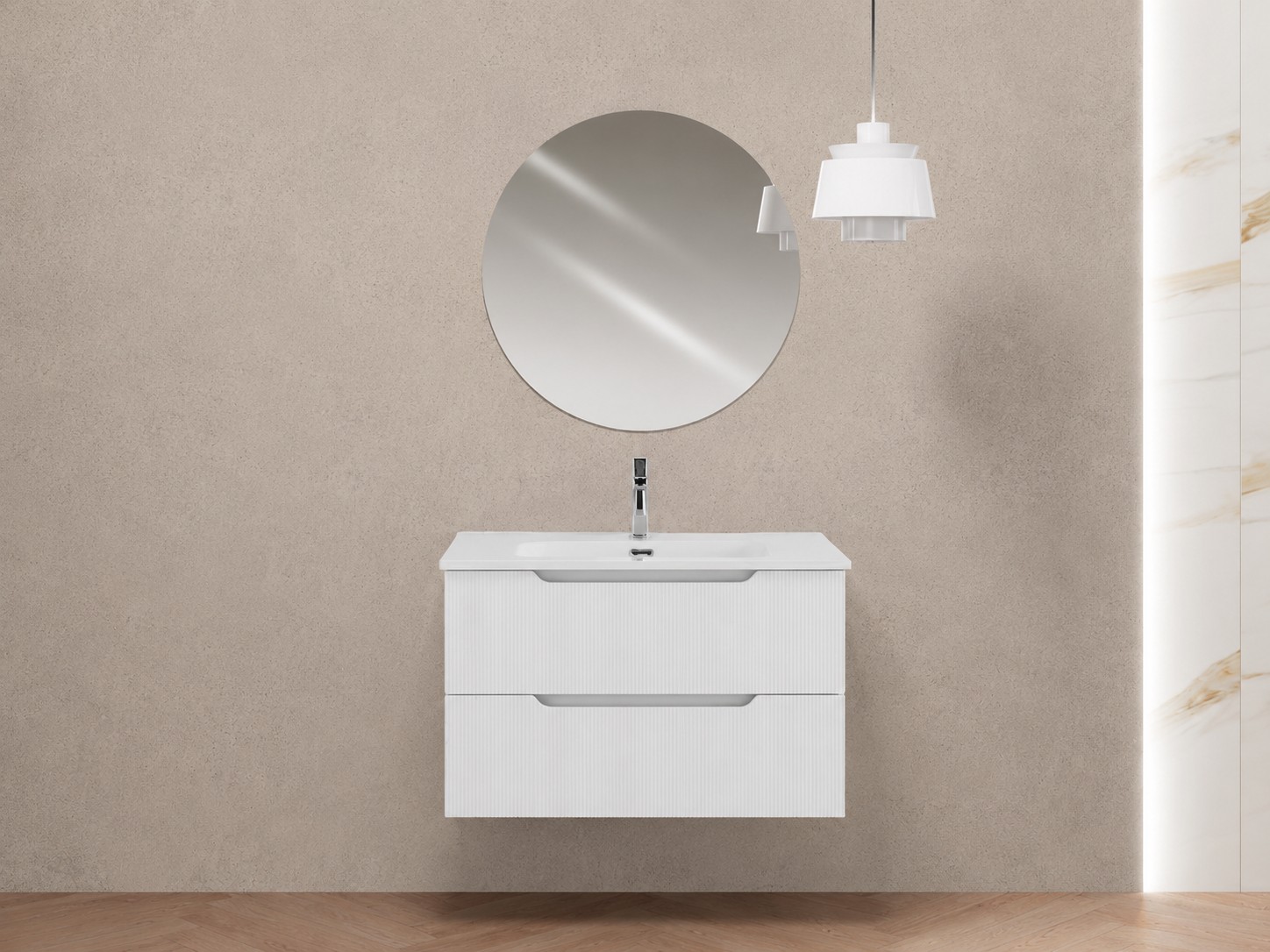 80 Cm Breiter Badezimmerschrank Mit 2 Schubladen, Mattweiß, Mit Waschbecken Und 70 Cm Rundem Spiegel Feridras Kannè 900291 Weiß Matt