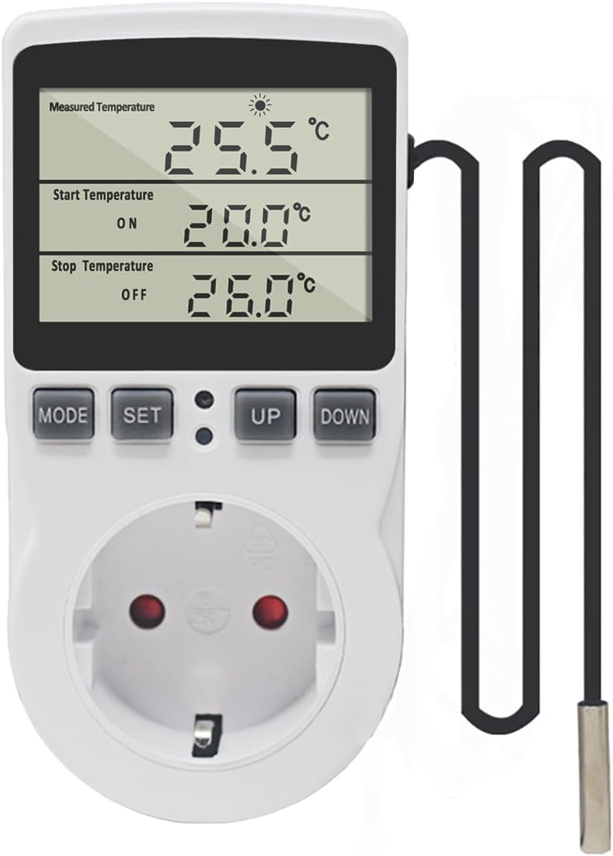Digitales Thermostat Mit 220-v-steckdose, Ausgestattet Mit Einem Temperaturfühler Und Einem Lcd-bildschirm, Ideal Für Kühlschränke, Brutkästen, Gewächshäuser Und Ventilatoren.