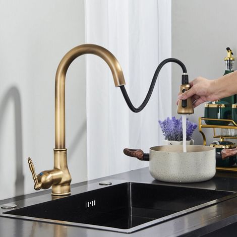 Retro-küchenarmatur Mit Ausziehfunktion, Spülbecken Aus Messing Und Edelstahl 304, 3 Funktionen