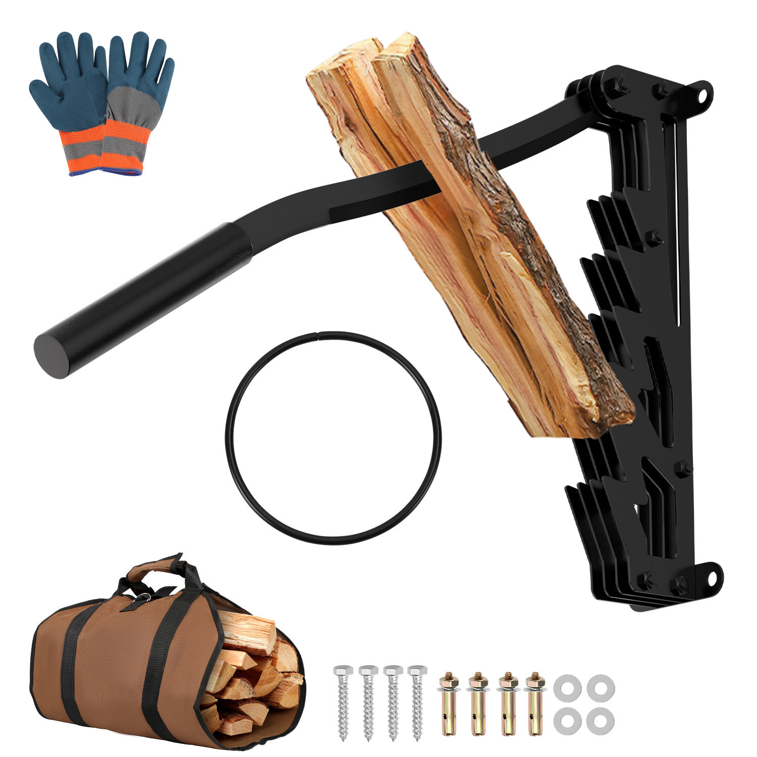 Wolketon Handholzspalter Zur Wandmontage Mit Festem Griff, Brennholztasche Und Schutzhandschuhen, Schwarz