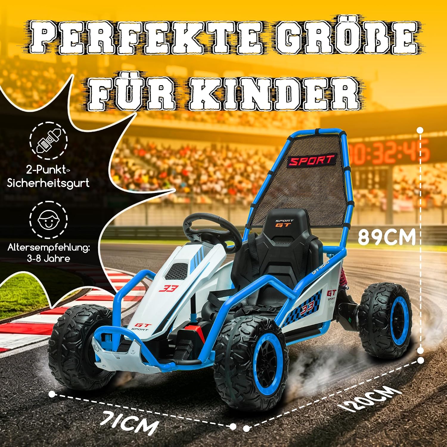 Elektrisches Kinder Go-kart 6-12 Jahre, Langlebige Reifen, Bremse, Led-leuchten & Musik, Blau
