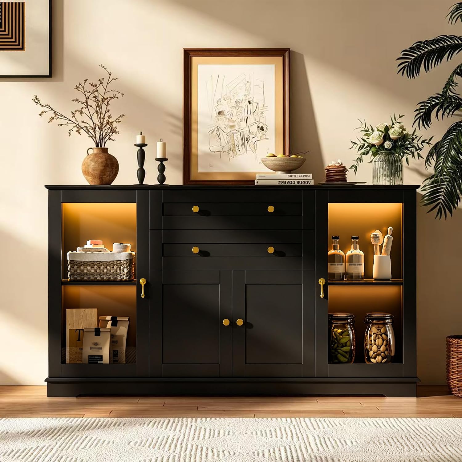 Küchensideboard, Mit 2 Glastüren, 2 Holztüren, 2 Schubladen, 140x86x40 Cm, Led-beleuchtung, Für Küche & Esszimmer, Schwarz