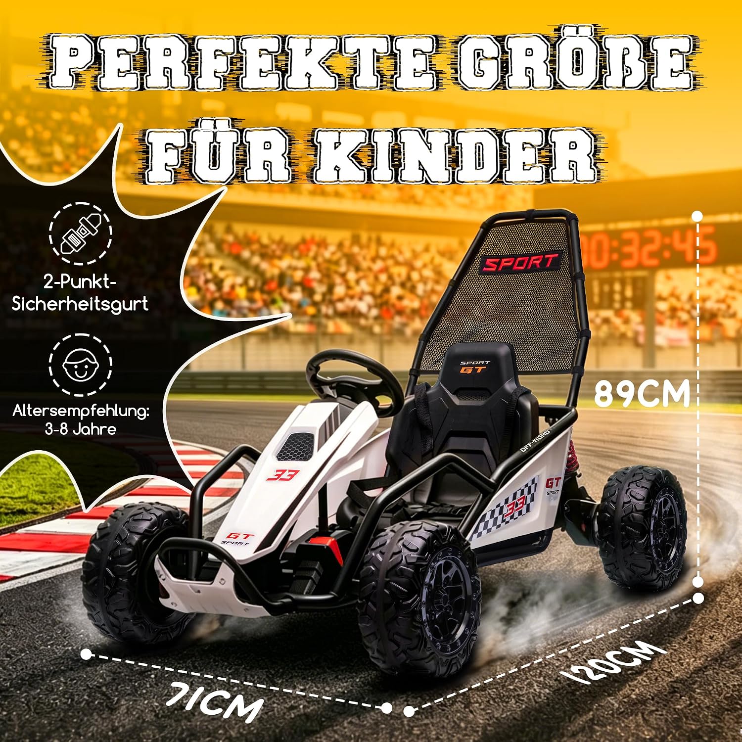 Elektrisches Kinder Go-kart 6-12 Jahre, Langlebige Reifen, Bremse, Led-leuchten & Musik, Schwarz