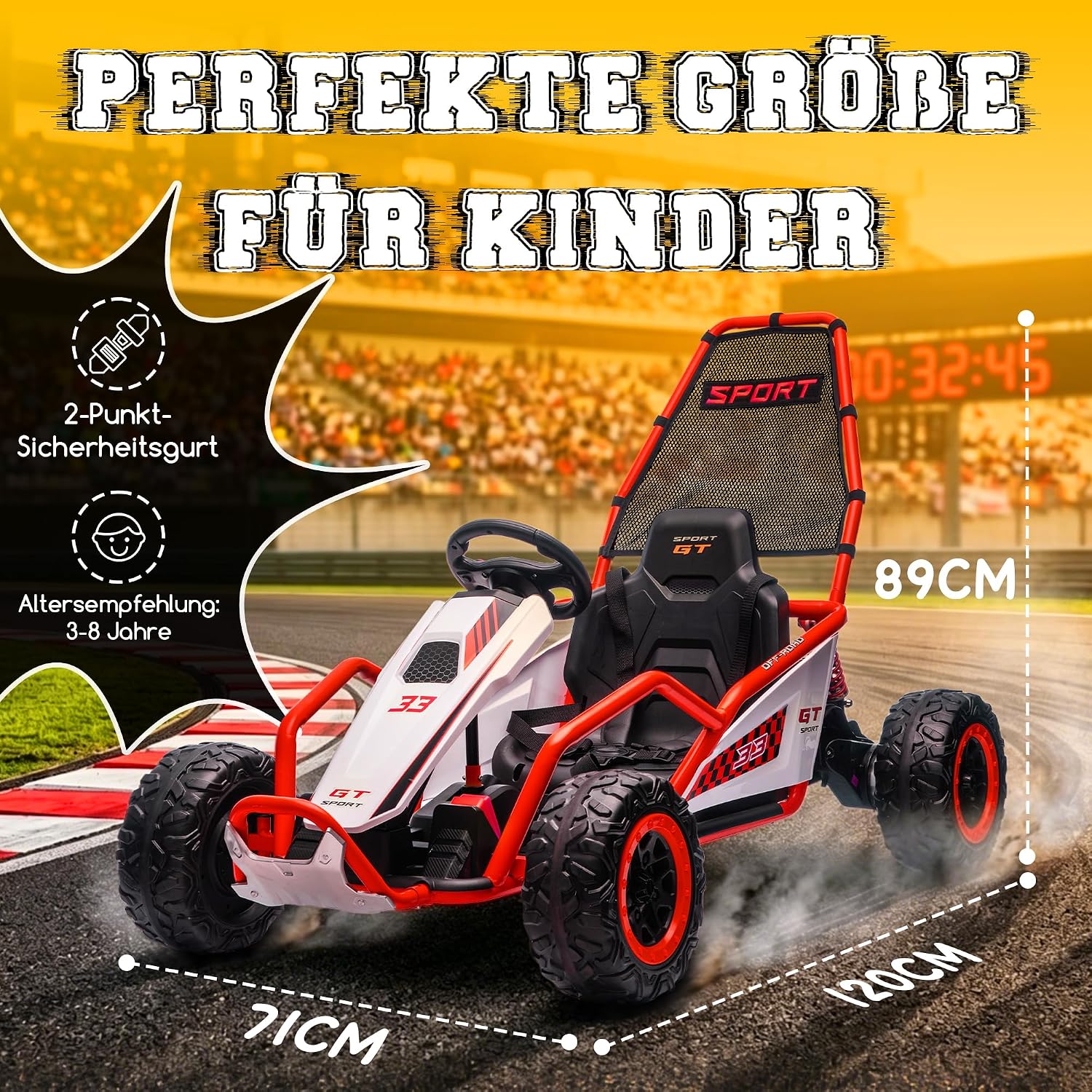 Elektrisches Kinder Go-kart 6-12 Jahre, Langlebige Reifen, Bremse, Led-leuchten & Musik, Rot