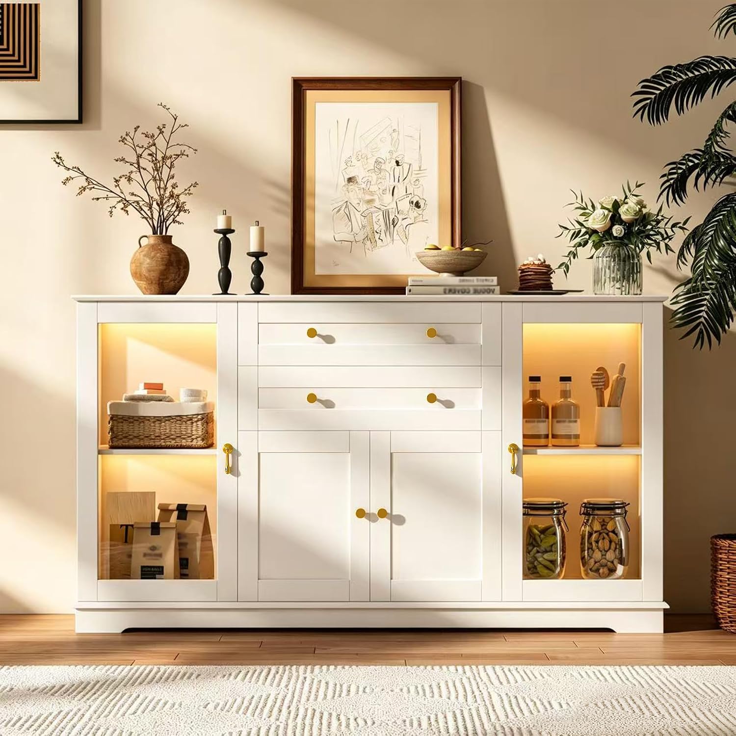 Küchensideboard, Mit 2 Glastüren, 2 Holztüren, 2 Schubladen, 140x86x40 Cm, Led-beleuchtung, Für Küche & Esszimmer, Weiß