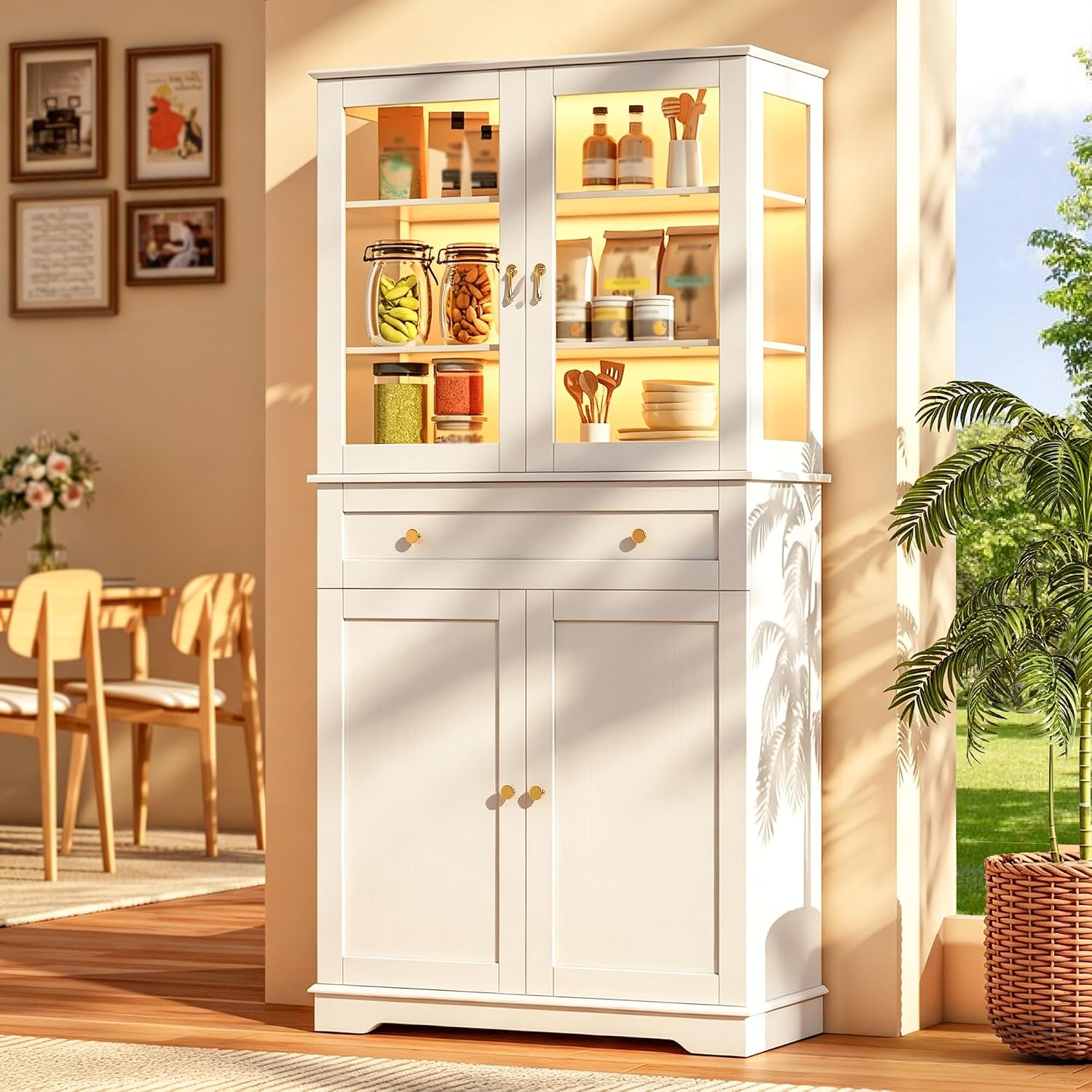Küchenschrank, Mit 5 Ebenen, 1 Schublade, Holz & Glas, Mit Kippschutz, 180x75x40 Cm, Für Küche & Esszimmer, Weiß