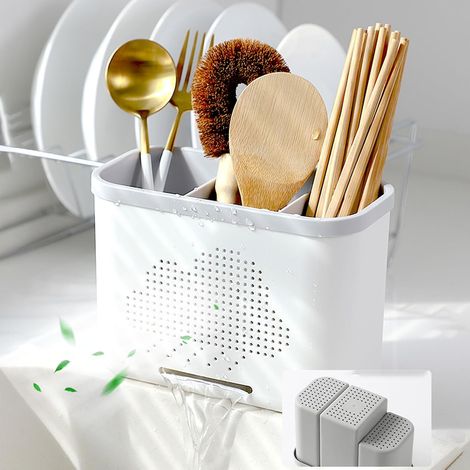 Besteckhalter Mit 3 Fächern, Abtropfschale Für Besteck, Küchenutensilienhalter, Besteckablage Für Besteck, Gabeln, Messer, Löffel (grau)
