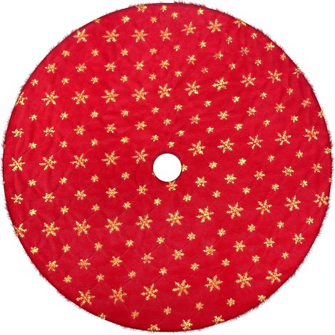 Weihnachtsbaumdecke Aus Kunstpelz, 122 Cm, Rote Baumunterlage Mit Gestickten Goldenen Schneeflocken Für Weihnachten, Winter, Neujahr, Heimdekoration