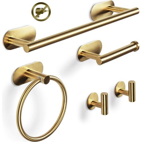 Handtuchstangen-set, 5-teilig, Badezimmer-handtuchstange, Handtuchhalter, Handtuchring, Haken, Set Aus Edelstahl 304, Kein Bohren Erforderlich (gold)