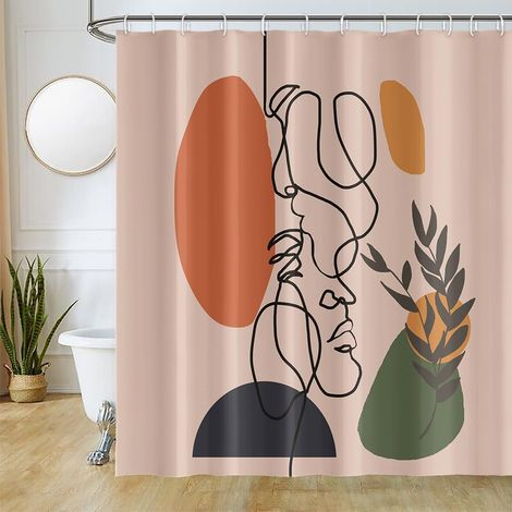 Duschvorhang Im Mid-century-modern-stil Mit Minimalistischem, Abstraktem Gesichtsmotiv, Terrakotta-optik, Schimmelresistent, Wasserdicht, Waschbares Polyestergewebe, 180 X 180 Cm