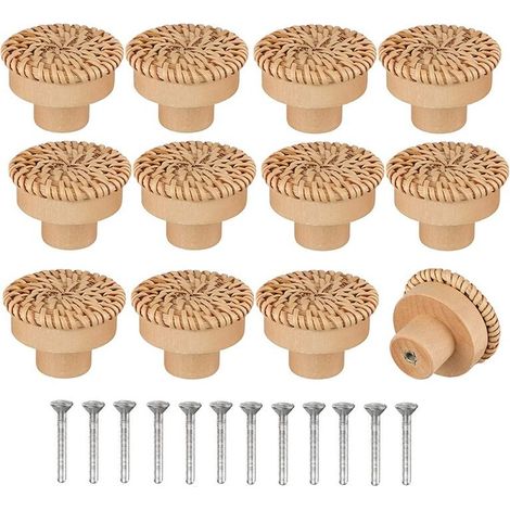 Set Mit 12 Runden Kommodenknöpfen Im Bohème-stil Aus Rattan - Handgefertigt - Mit Schrauben - Für Holzmöbel - Für Kommoden, Schubladen, Schränke