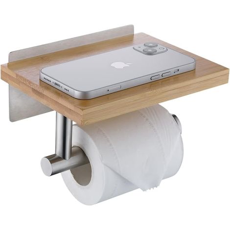 Toilettenpapierhalter Mit Ablage Aus Natürlichem Bambus, Kein Bohren Erforderlich, Oberfläche Aus Gebürstetem Nickel, H98903bn