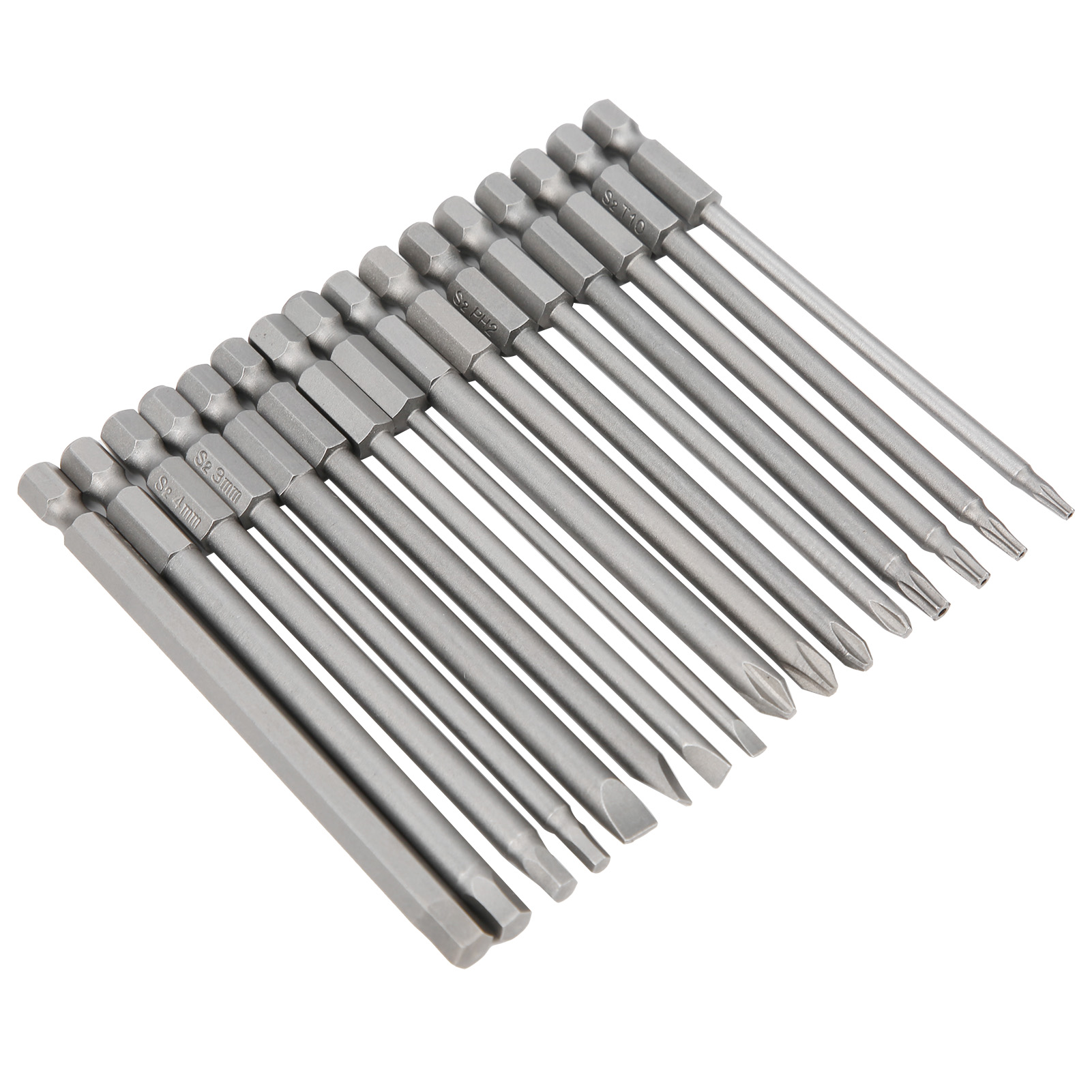 Set Mit 16 Schraubendreherbits, 100 Mm, Kreuzschlitz, Schlitz, Sechskant Und Stern, Schraubzubehör