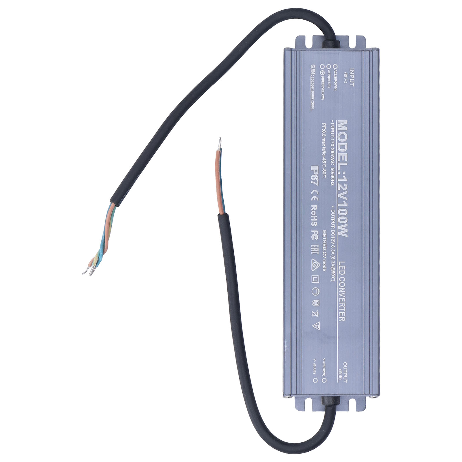 Ip67 Wasserdichtes Netzteil Mit Kupferkabel, 12v 8,3a Led-transformator, Ac170-265v Eingang