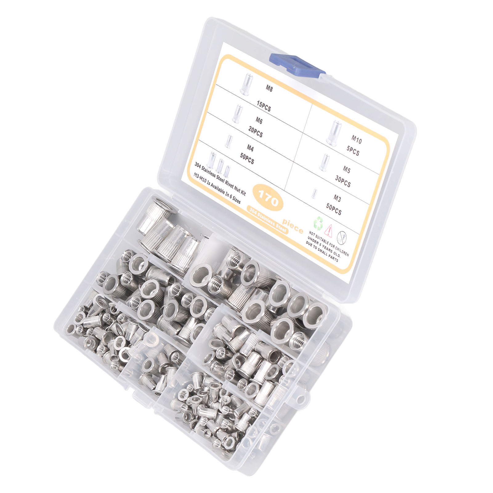 Flachkopf-nietmuttern M3-m10 Aus Edelstahl 304, Packung Mit 170 Stück, Langlebiges Gewinde