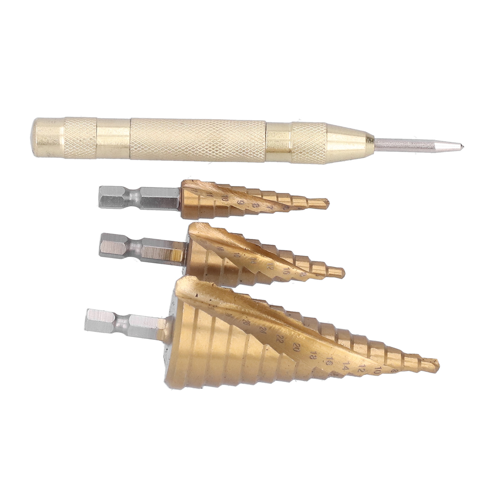 Set Mit 3 Hss-stufenbohrern (metrisch), Profi-kegel, Sechskantschaft, 4–32 Mm + Selbstzentrierender Spiralförmiger Körner