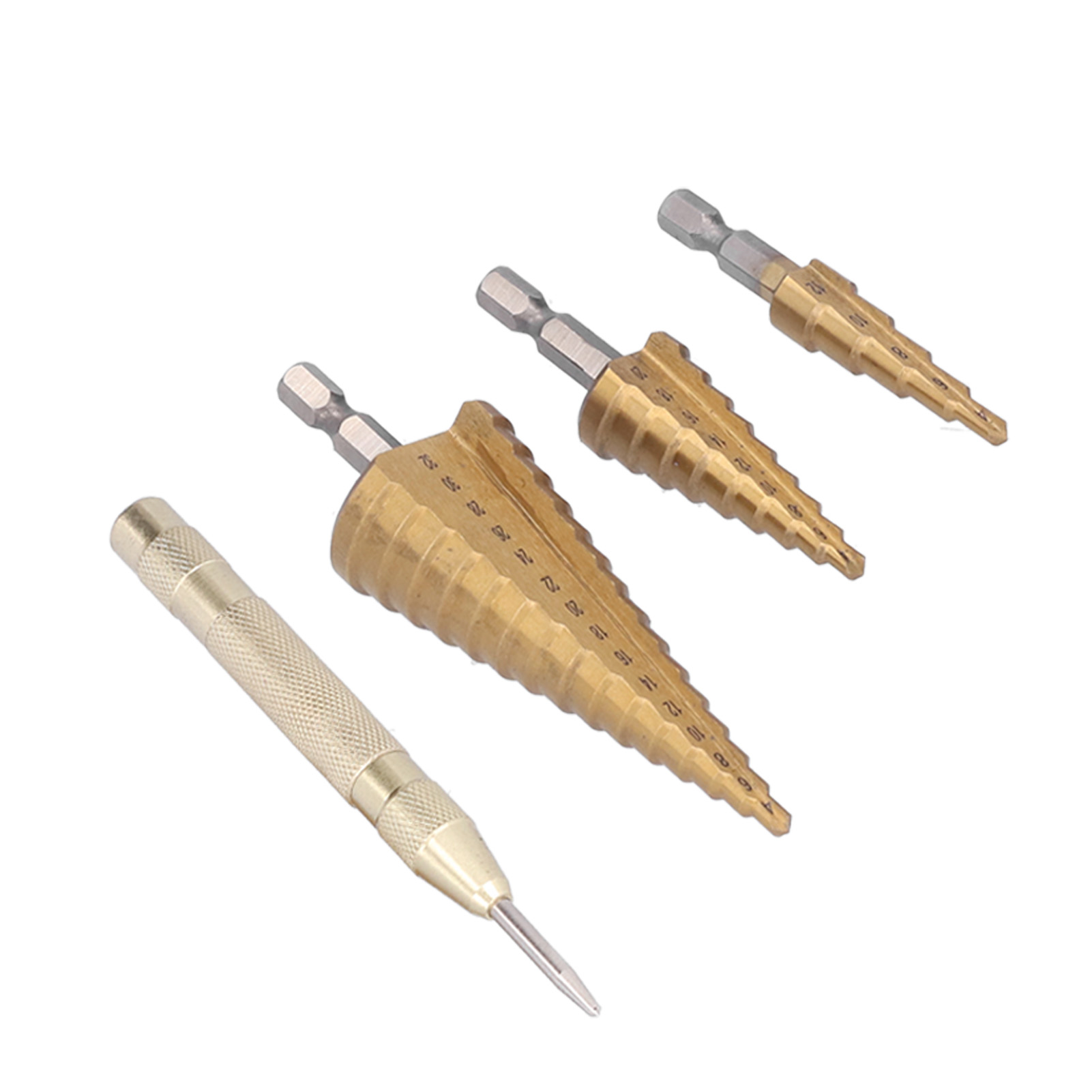 3-teiliger Metrischer Stufenbohrer, Hss-kegel, Sechskantschaft, 4–32 Mm, Mit Automatischem Körner, Pagodenform