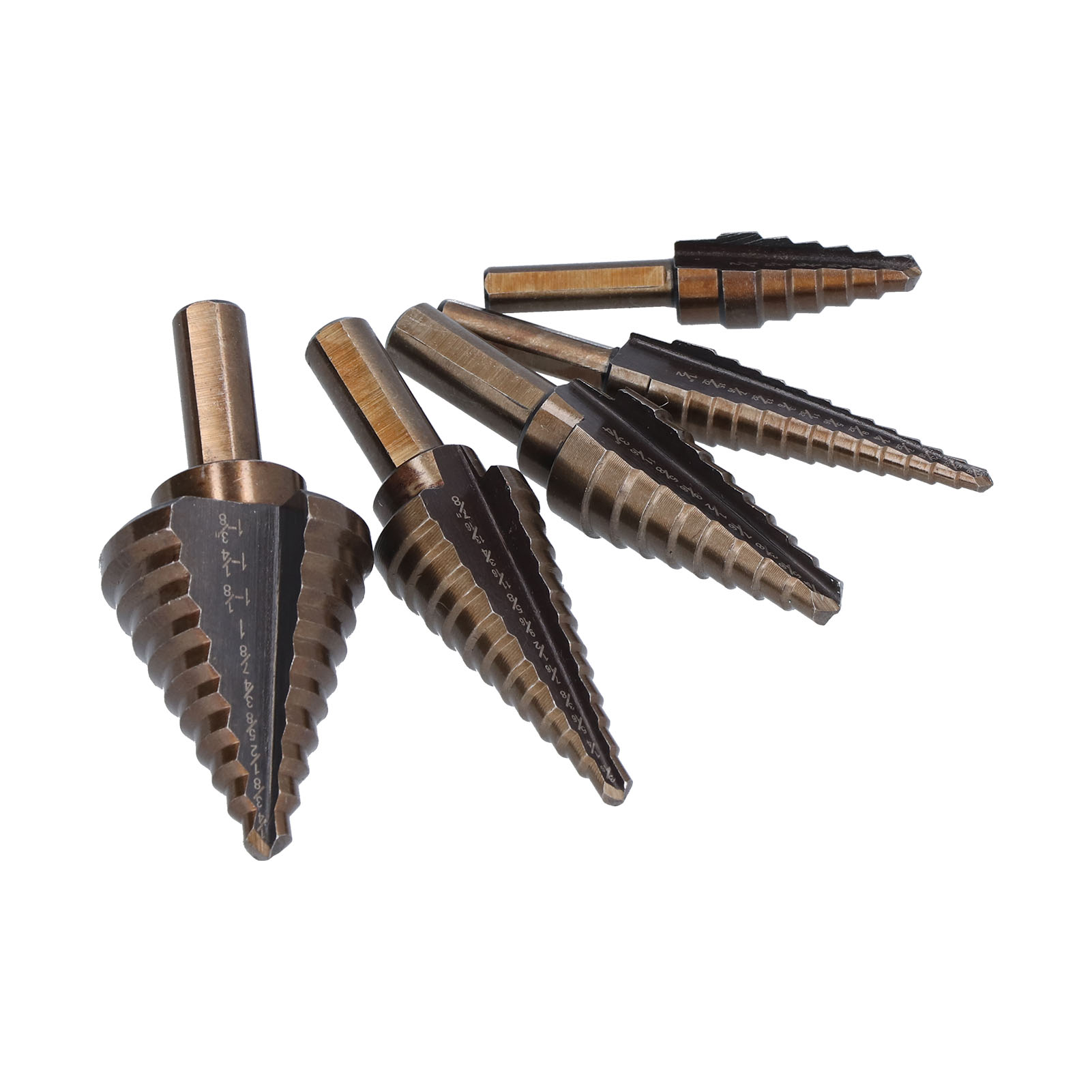 Set Mit 5 Stufenbohrern Aus Hss, Rundschaft, Titanbeschichtung, Professionelles Bohrwerkzeug