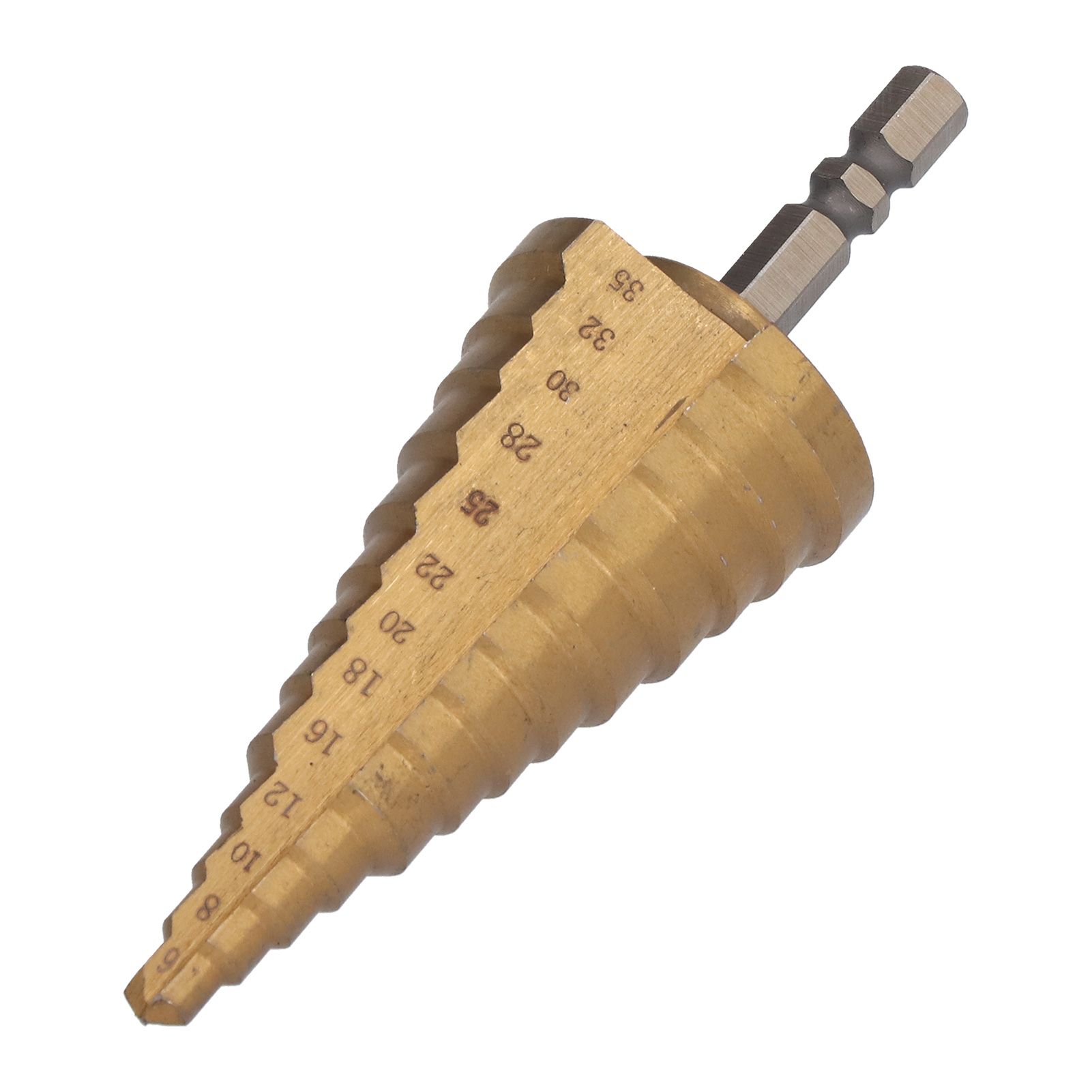 Titanbeschichteter Hss-stufenbohrer, 118°-pagodenkegelreibahle, 1/4"-sechskantschaft, 6–35 Mm