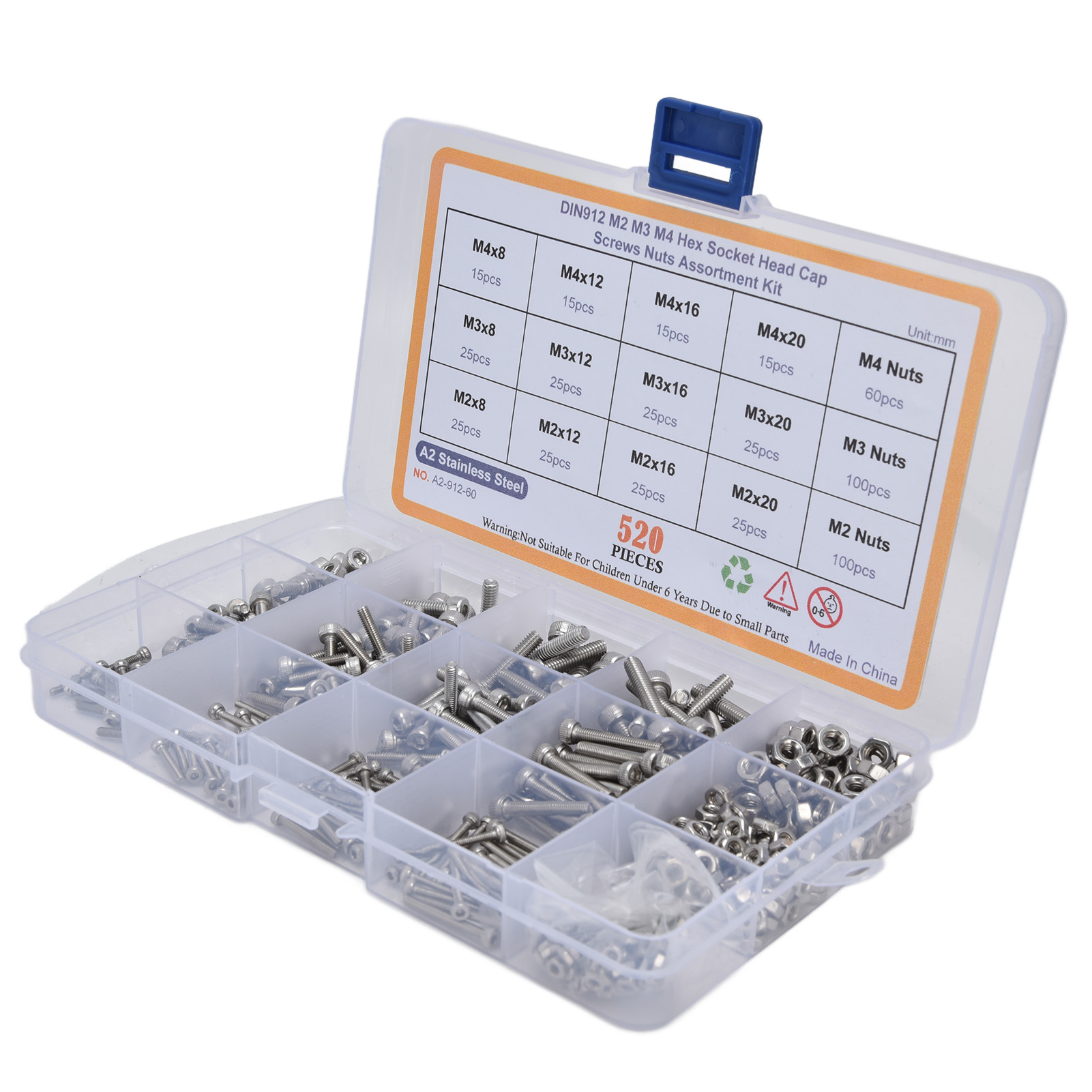 520-teiliges Set Aus Sechskantschrauben Und -muttern Aus Edelstahl 304, Sortiment M2, M3, M4, Inklusive Aufbewahrungsbox