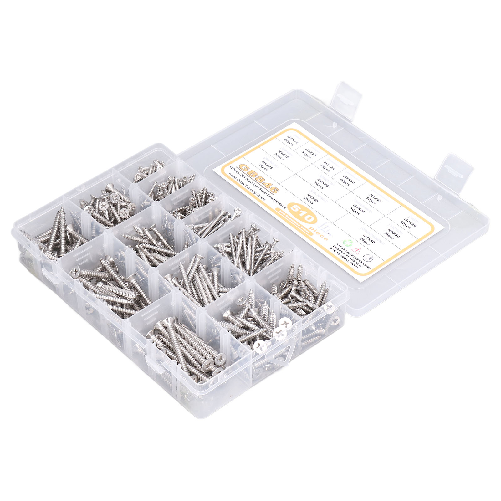 Losnummer 510 Edelstahl 304 Senkkopfschrauben, Selbstbohrende Holzschrauben, Sortiment M3 M4 M5, Hardware-set