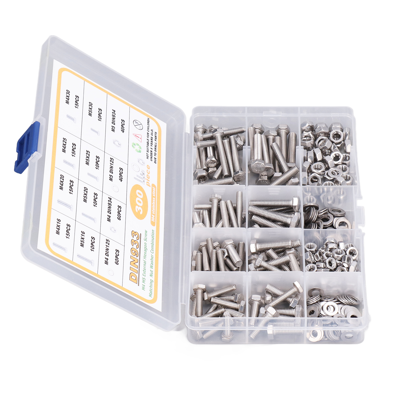 Packung Mit 300 M4/m5 Din933 Sechskantschrauben Aus Edelstahl Mit Din934 Muttern Und Din125 Unterlegscheiben Für Die Reparatur Von Möbeln Und Mechanischen Instrumenten