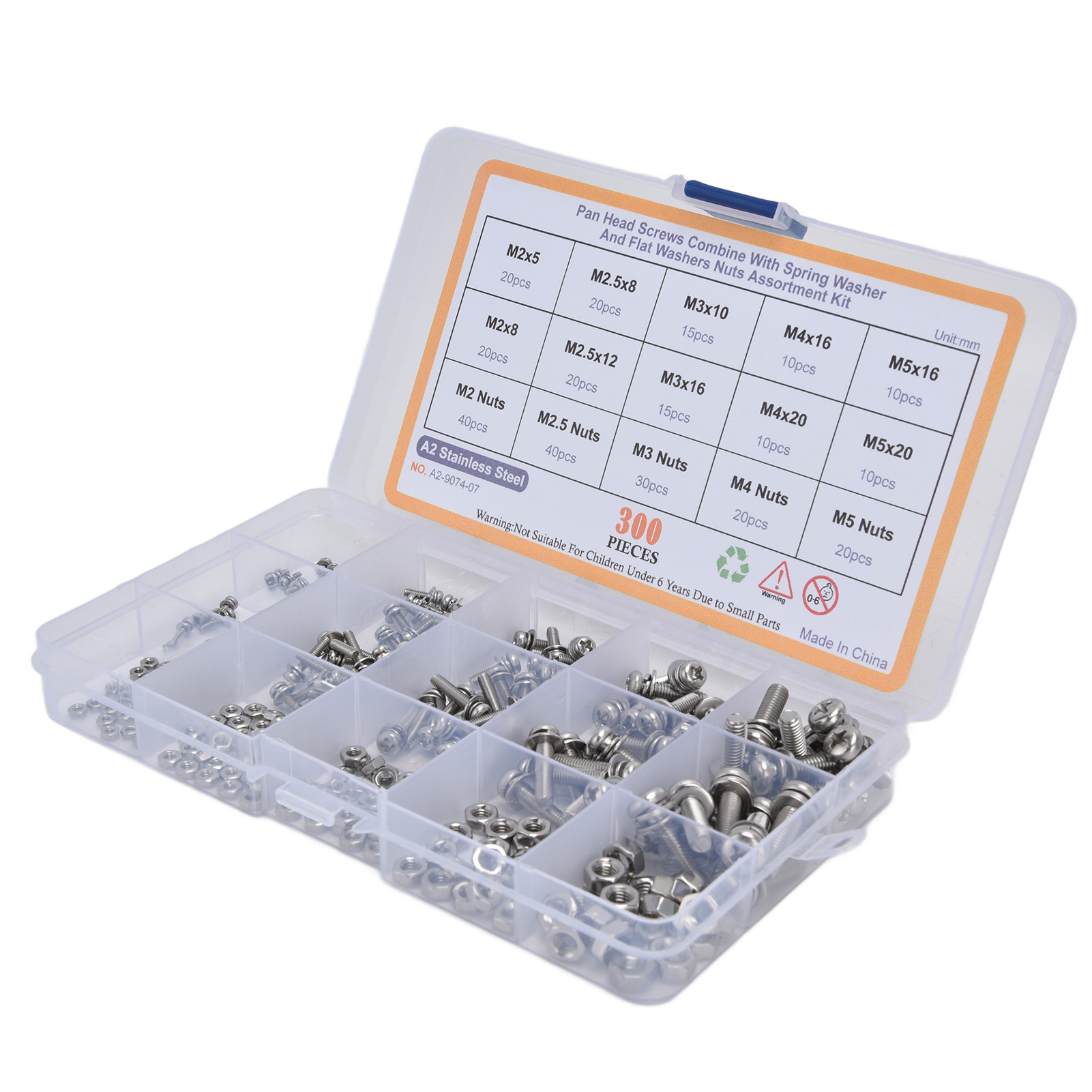 300-teiliges Set Aus Schrauben, Unterlegscheiben Und Muttern Aus Edelstahl 304 Mit Versenktem Phillips-kopf Für Den Professionellen Einsatz.