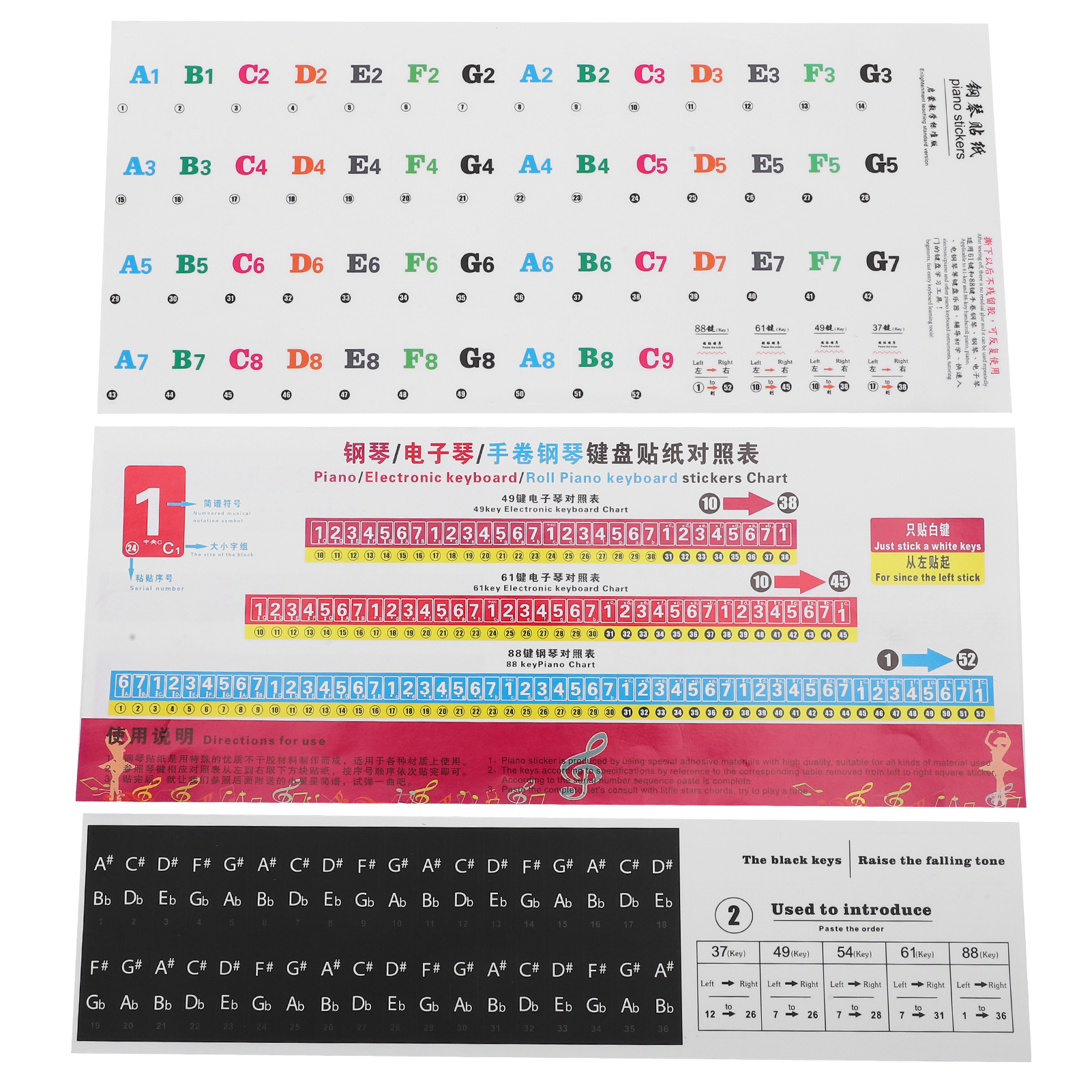 Aufkleber Für Klaviertastaturen, Farben, Buchstaben Und Zahlen, Notenschrift, Notenlinien, Klebetasten, 88/61/54 Tasten