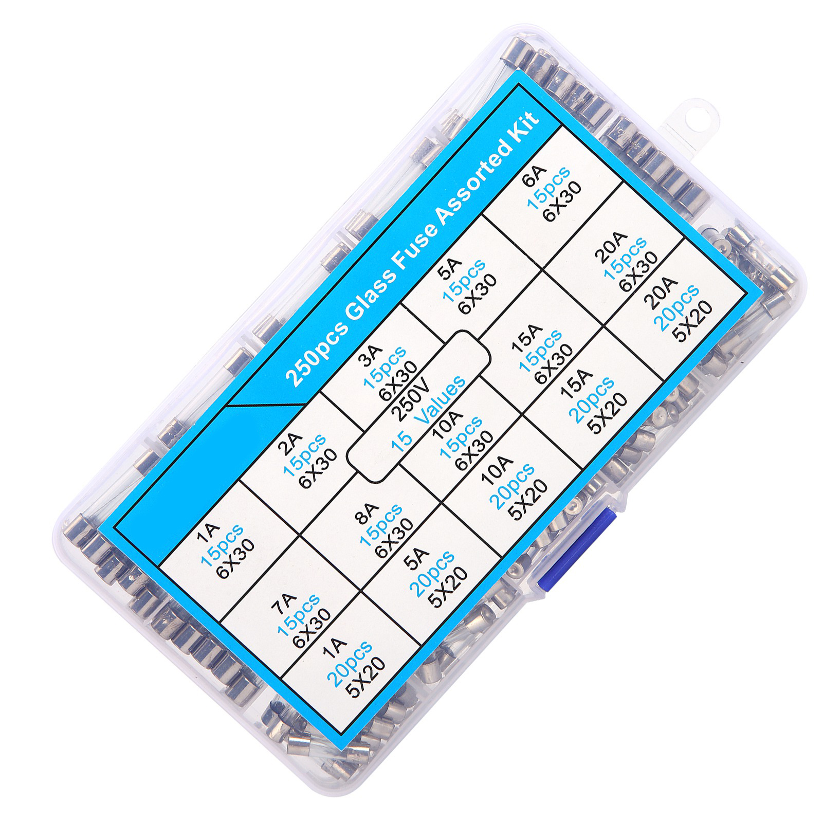 Packung Mit 250 Glassicherungen 6x30/5x20 Mm, Wärmeisolierend, Flammwidrig, Sortiment 1-20 A 250 V