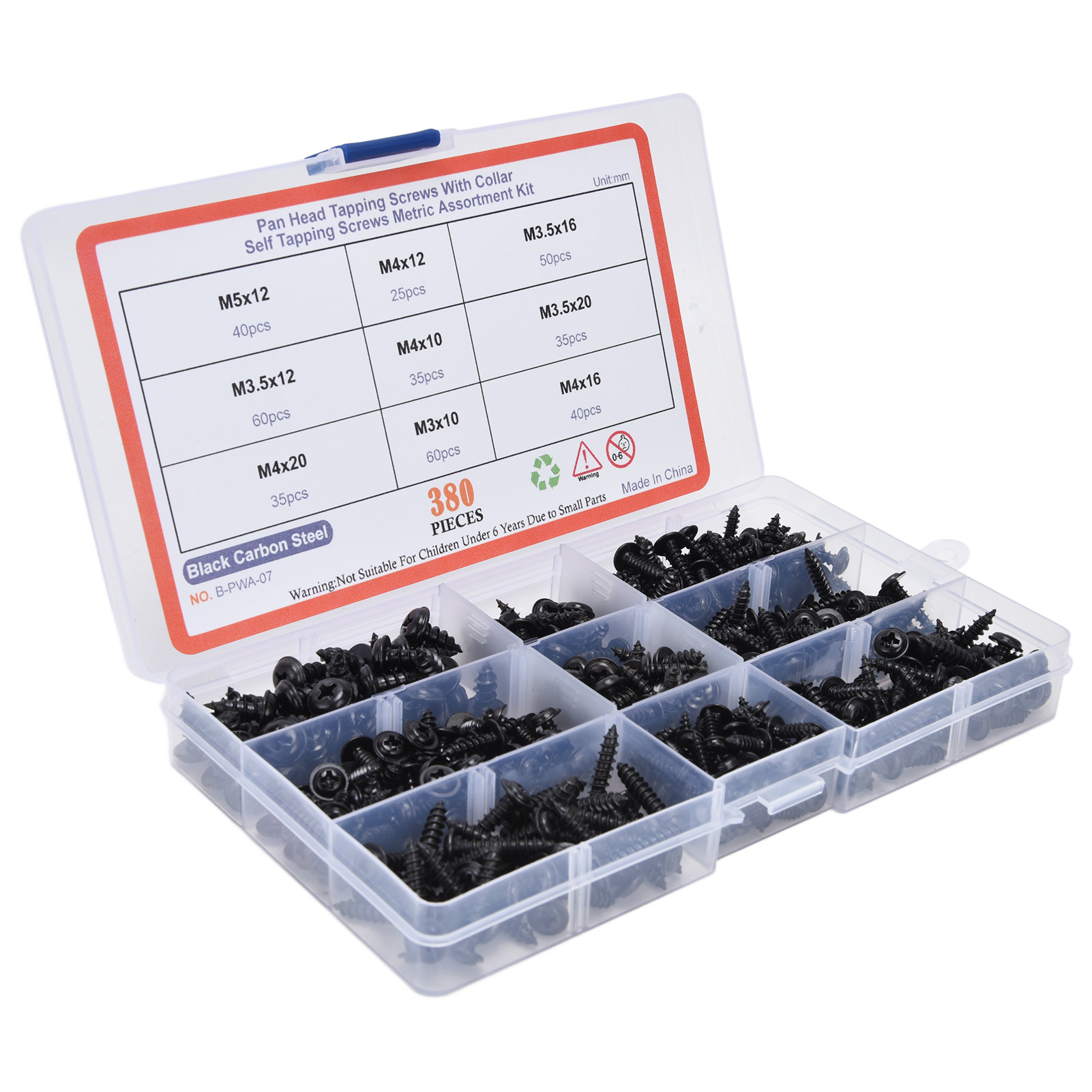 Set Mit 380 Selbstschneidenden Schrauben Aus Schwarzem Kohlenstoffstahl, Rundkopf, Verschiedene Bohrschrauben, Aufbewahrungsbox