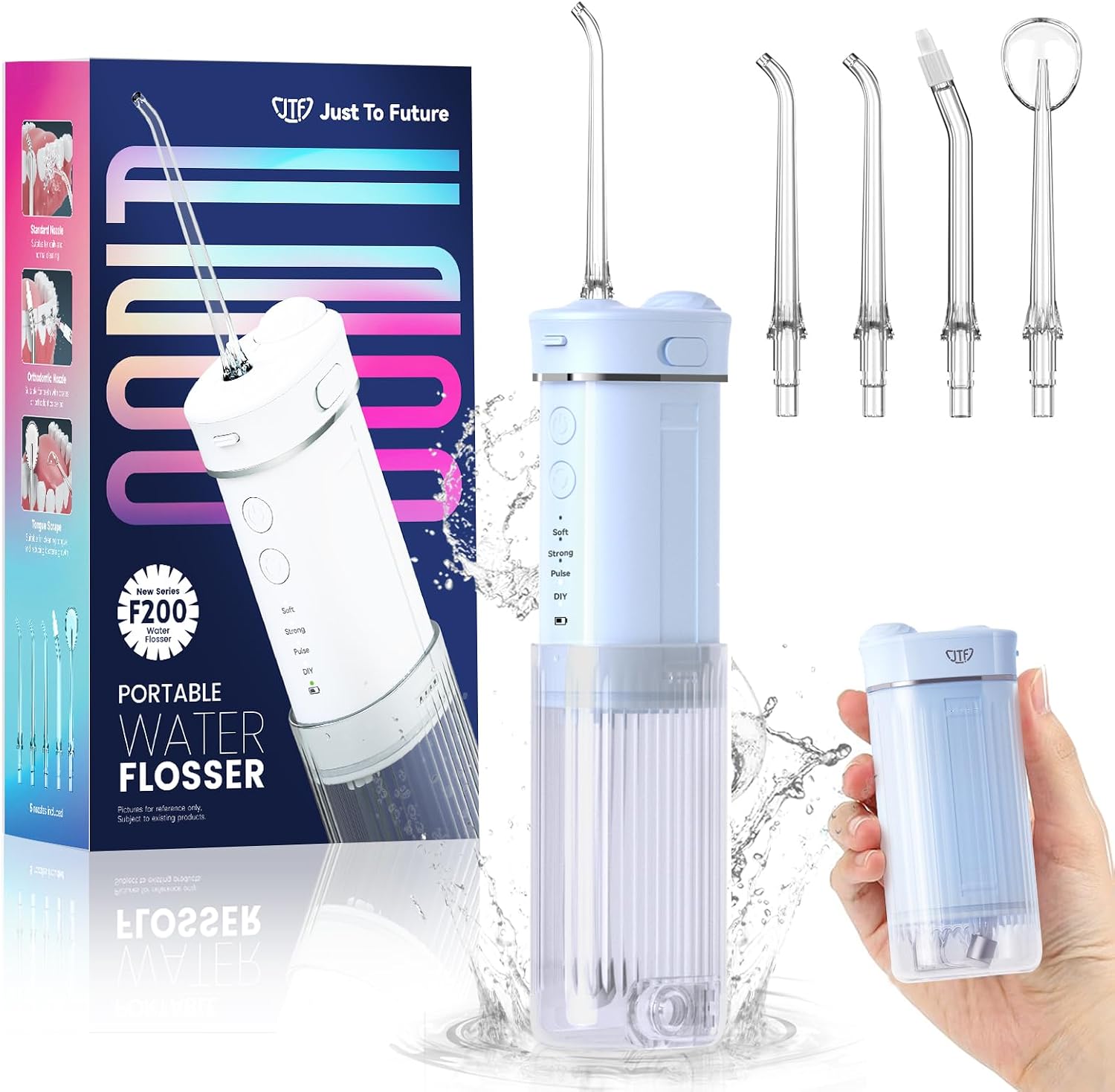 Jtf Mini Munddusche – Tragbarer Elektrischer Zahnreiniger – Kabellos – Interdentalreiniger Für Unterwegs Mit 5 Aufsätzen – Munddusche Mit 4 Einstellungen – Ausziehbarer 230-ml-wassertank – Spritzwasse