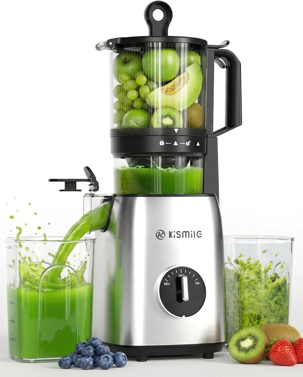 Kismile Slow Juicer – Extra Große 135-mm-einfüllöffnung – Bpa-frei – Leicht Zu Reinigen – Geeignet Zum Entsaften Von Ganzen Früchten Und Gemüsesorten – Ausgestattet Mit Einem 300-w-motor Und Einem 1,2