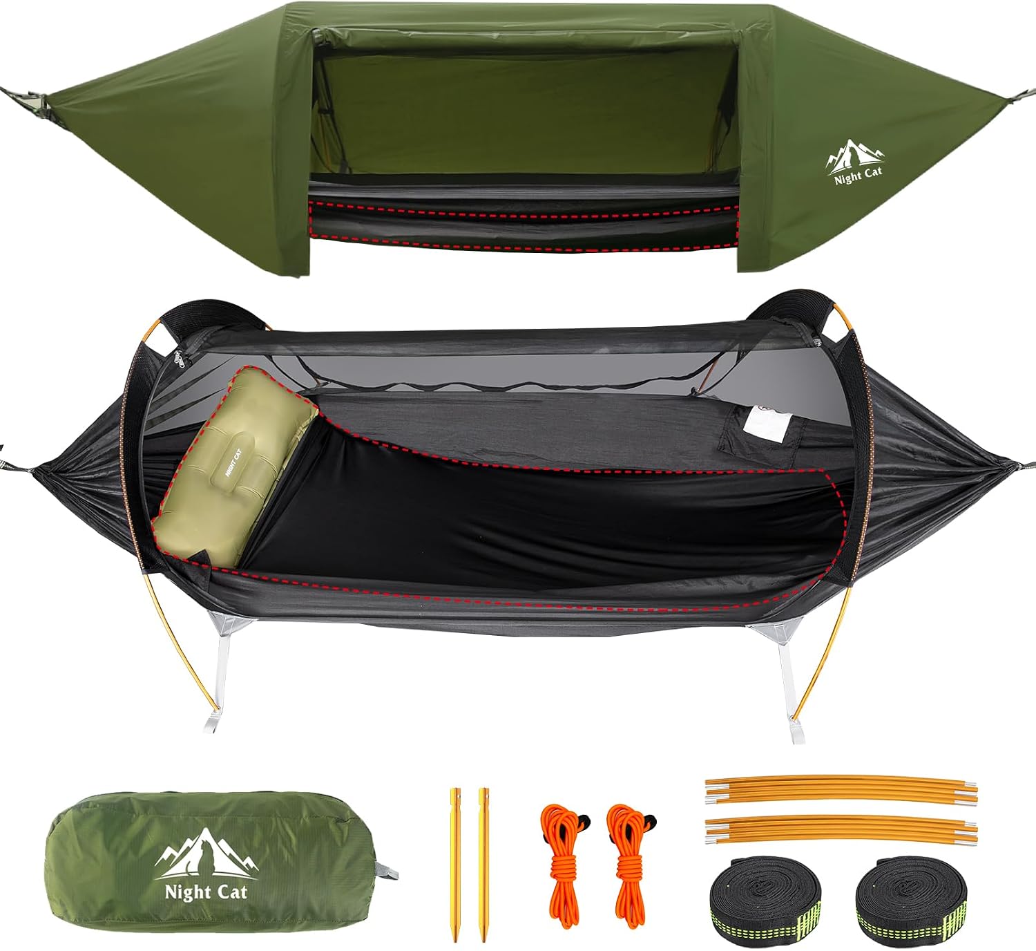 Night Cat Hängemattenzelt Mit Moskitonetz Und Wasserdichter Regenhülle, Für 1 Person – Geeignet Zum Wandern, Campen, Für Garten Oder Terrasse – Wild Green Pro