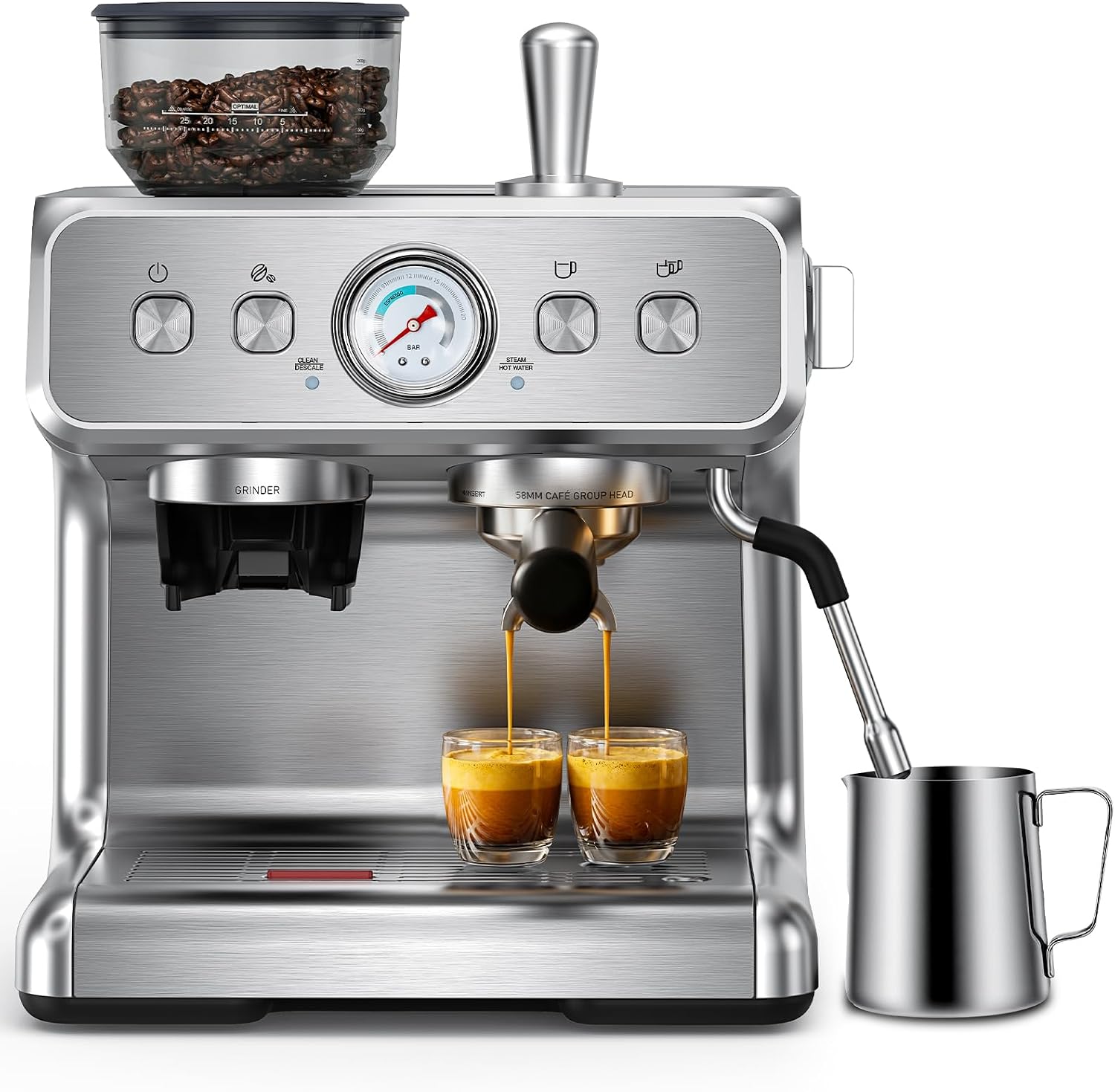 Cowsar Kaffeemaschine – Mit Integriertem Kegelmahlwerk – 30 Mahlgradeinstellungen – Pid-temperaturregelung – Manometer – Espressokanne Und Tassenwärmer Aus Edelstahl – Geeignet Für Latte Macchiato, Ca