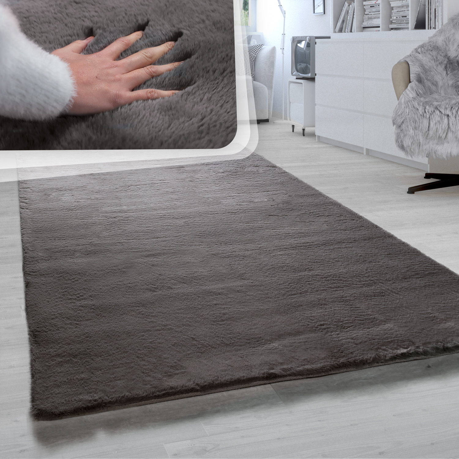 Teppich Wohnzimmer Hochflor Softes Kaninchenfell Imitat Kunstfell Anthrazit 80x150 Cm - Paco Home