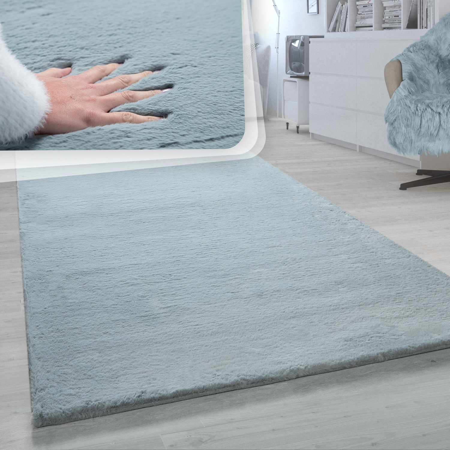 Hochflor Teppich Für Wohnzimmer Softes Kaninchenfell Imitat Kunstfell In Türkis 80x150 Cm - Paco Home