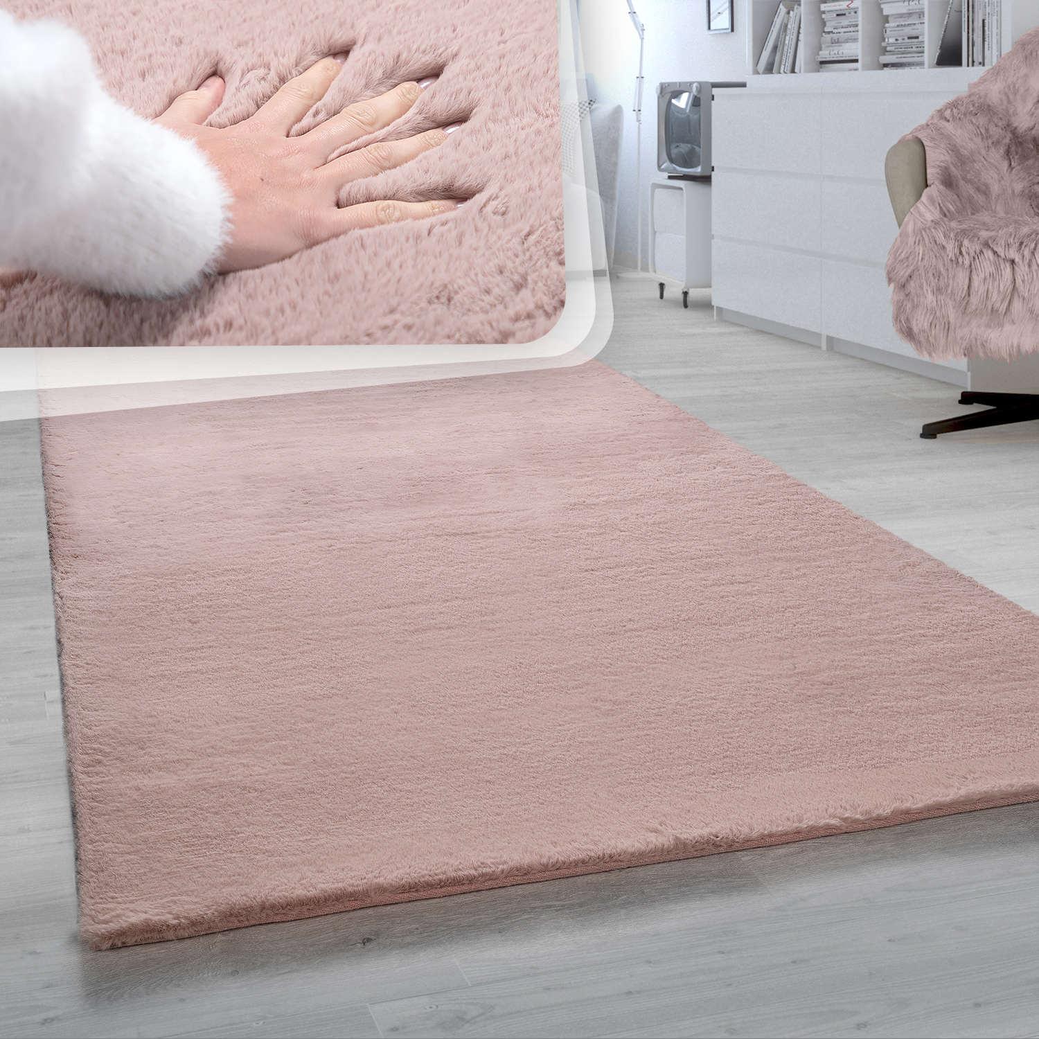 Paco Home - Hochflor Teppich Für Wohnzimmer Softes Kaninchenfell Imitat Kunstfell In Rosa Ø 160 Cm Rund