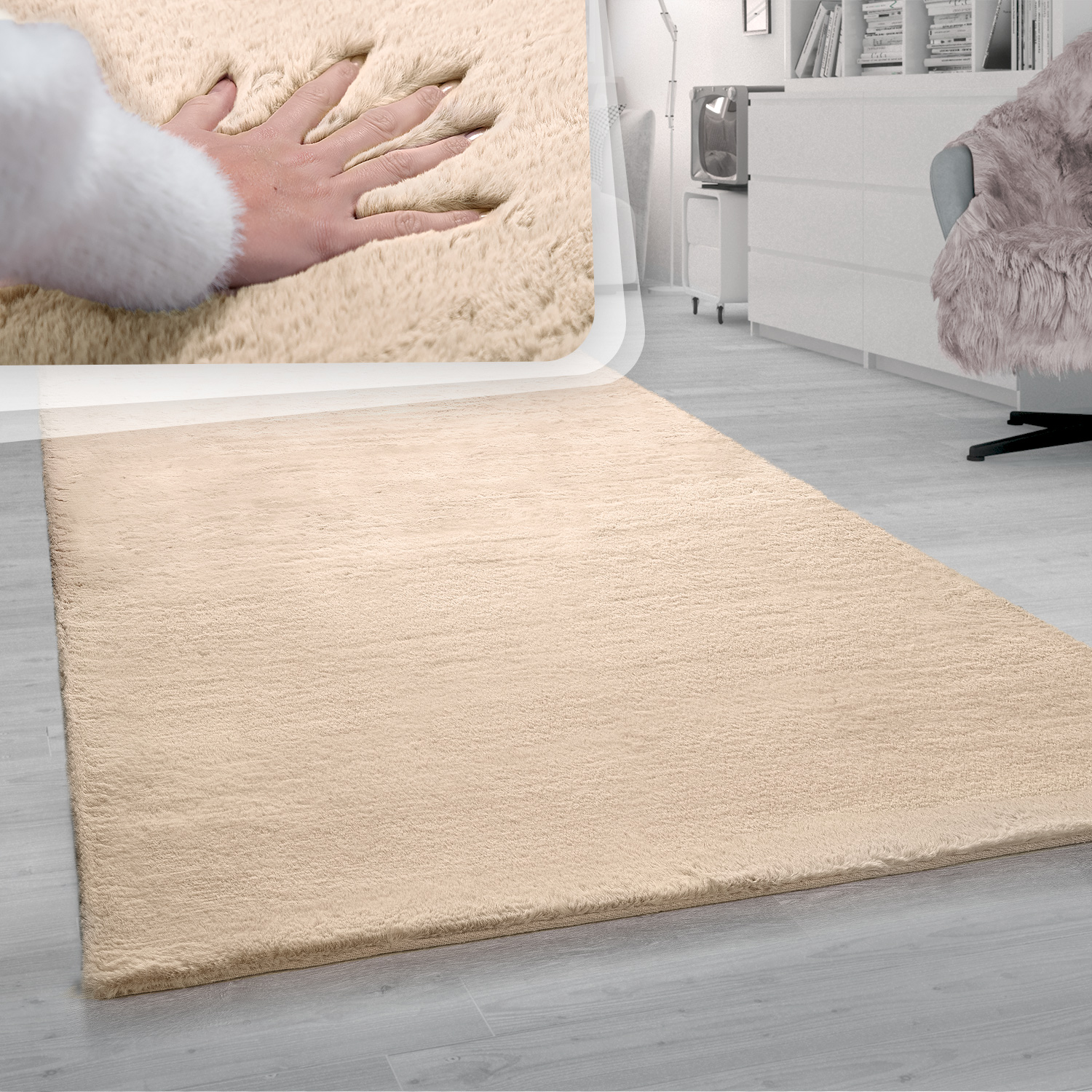 Paco Home - Teppich Wohnzimmer Hochflor Softes Kaninchenfell Imitat Kunstfell Sand Creme 60x90 Cm